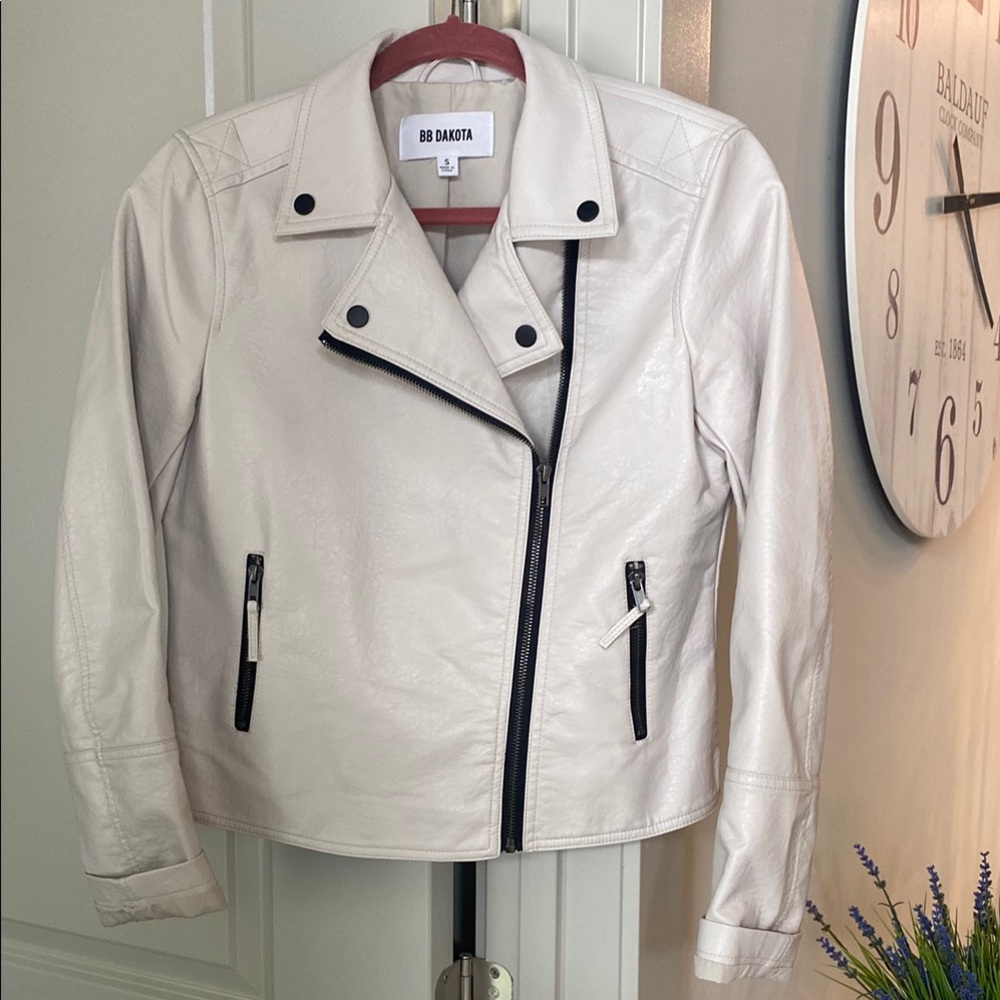 BB Dakota White and Black Leather Jacket with Stand-Up Collar